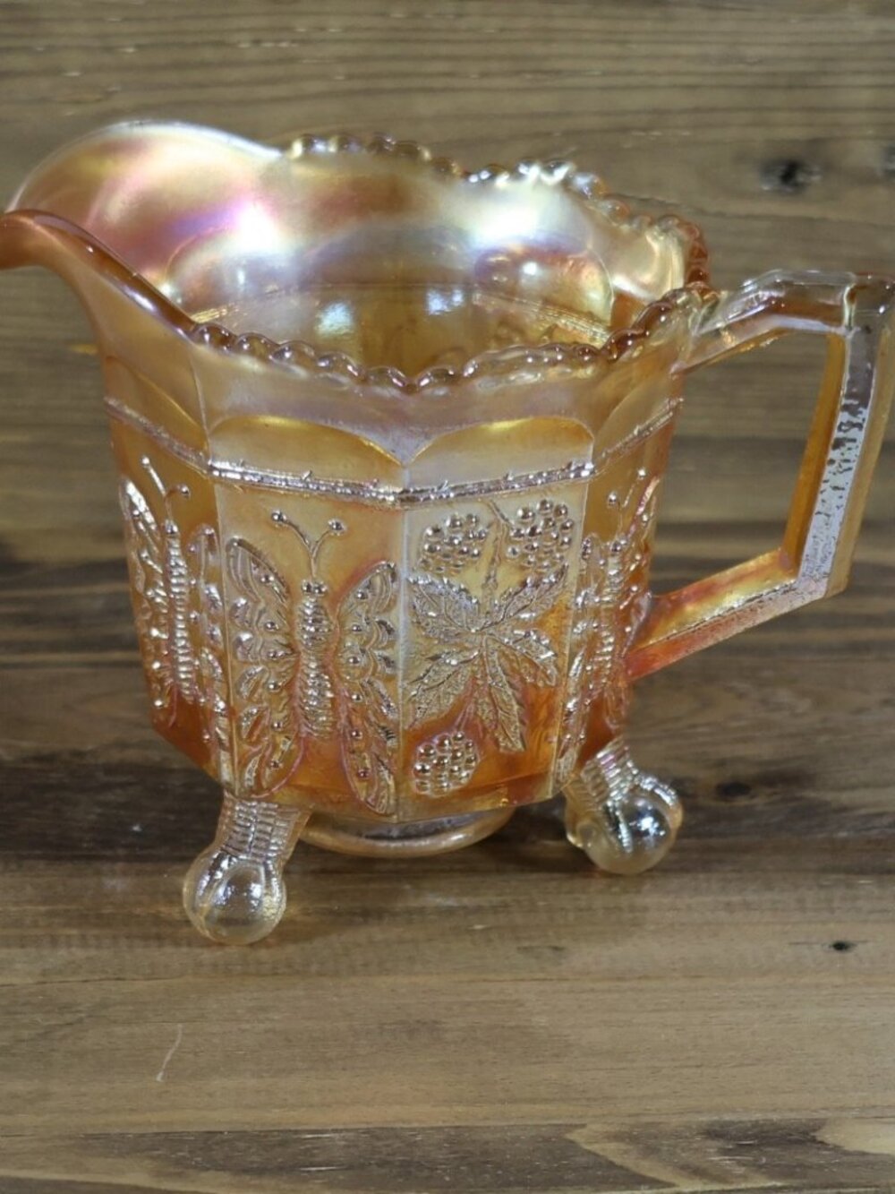 Vintage Fenton Glass Amber Creamer Pitcher Marigold Carnival Glass butterfly 5" - Picture 1 of 4